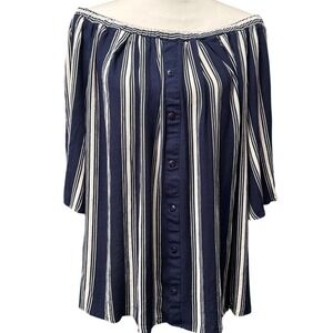 Speed Limit MPH Off Shoulder Striped Button Front Top 2X Navy White Excellent